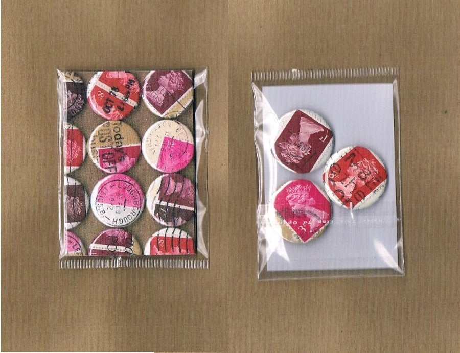 3 x REDS & PINKS - Upcycled vintage Machin postage stamp badge, mini notecard