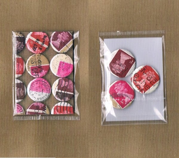 3 x REDS & PINKS - Upcycled vintage Machin postage stamp badge, mini notecard