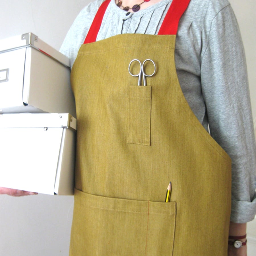 Adjustable Crossback Apron For Artists & Makers - ochre denim, red straps No7