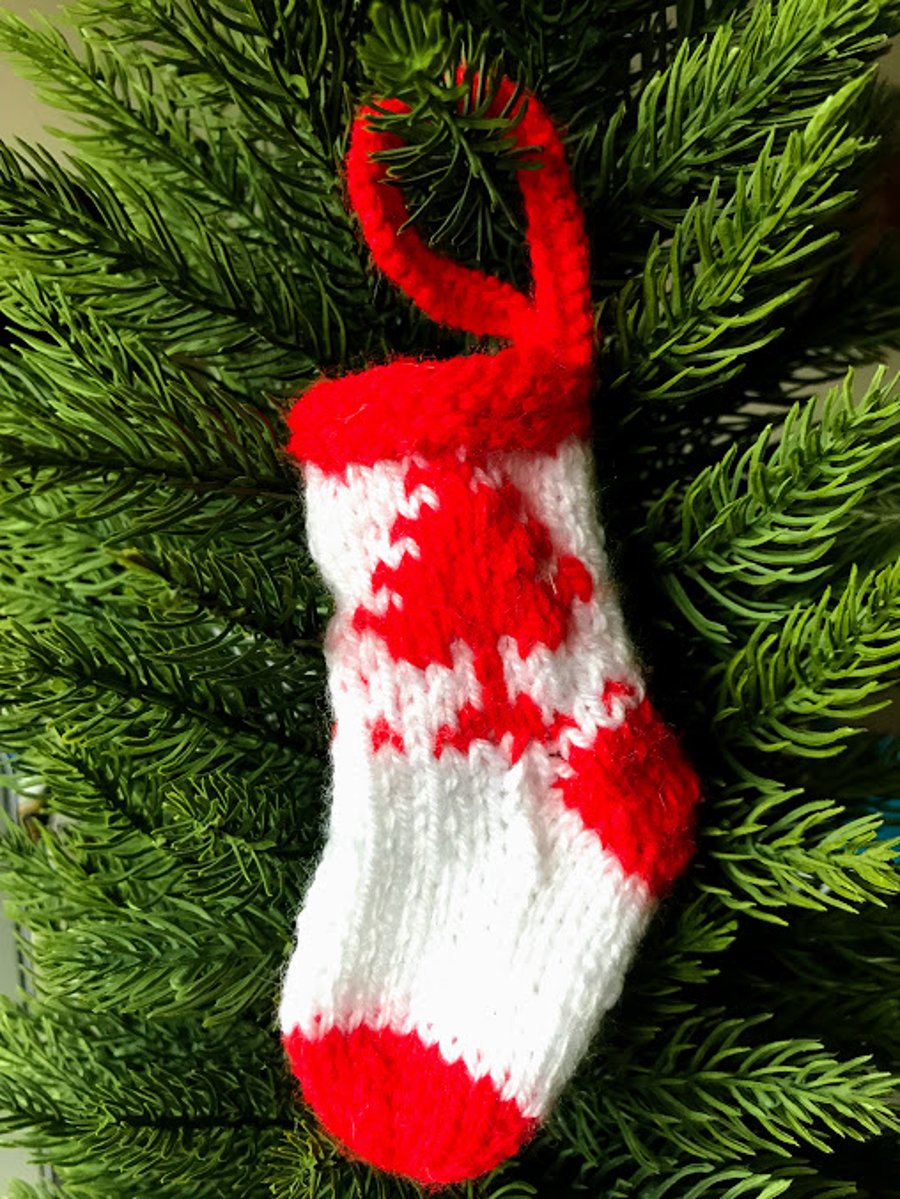 SOLD Hand knitted mini stocking - Christmas Decorations - Red and white