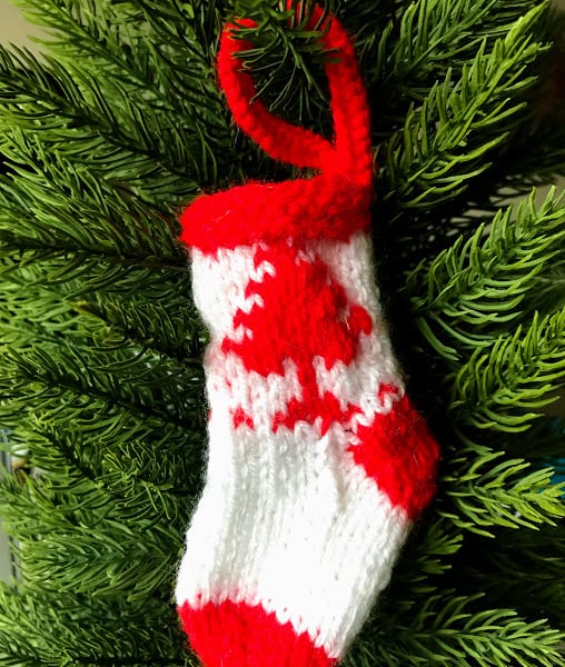 SOLD Hand knitted mini stocking - Christmas Decorations - Red and white