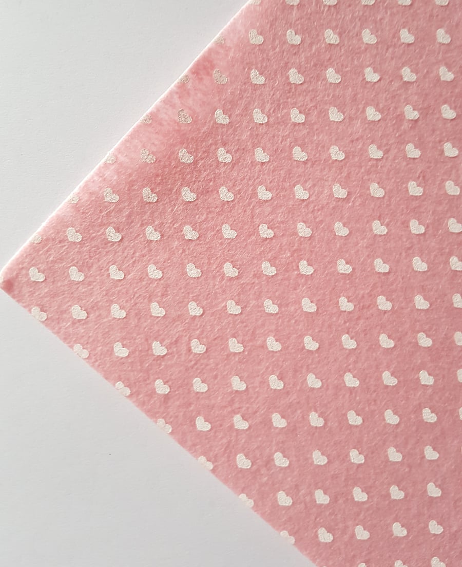 1 x Printed Felt Square - 12" x 12" - Hearts - Pale Pink