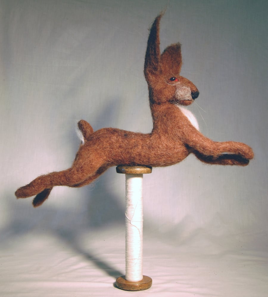Needle felted Running Hare on Vintage Bobbin