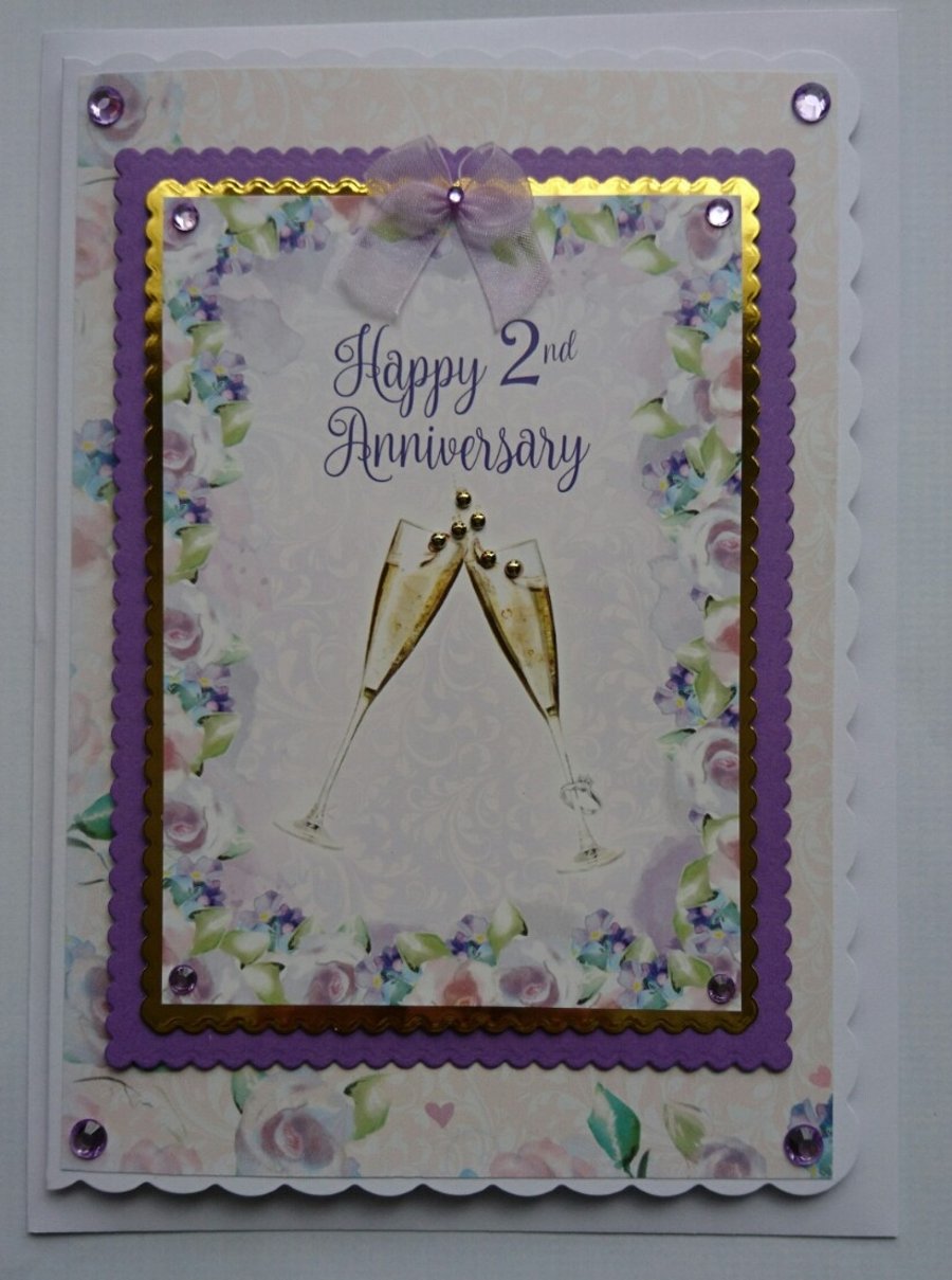 Happy 2nd Wedding Anniversary Card Champagne Glasses 3D Luxury Handmade Card