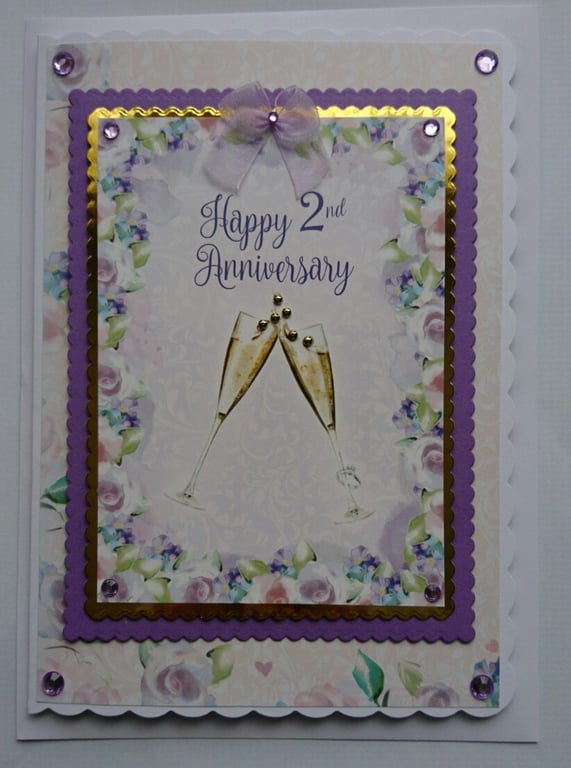 Happy 2nd Wedding Anniversary Card Champagne Glasses 3D Luxury Handmade Card