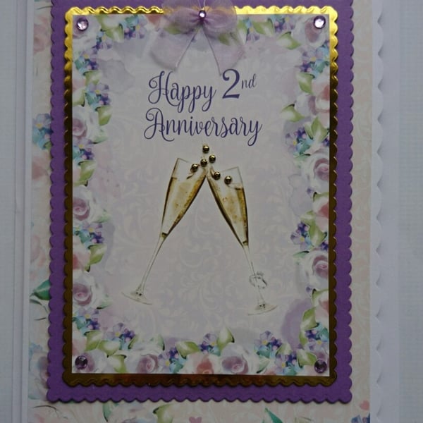 Happy 2nd Wedding Anniversary Card Champagne Glasses 3D Luxury Handmade Card