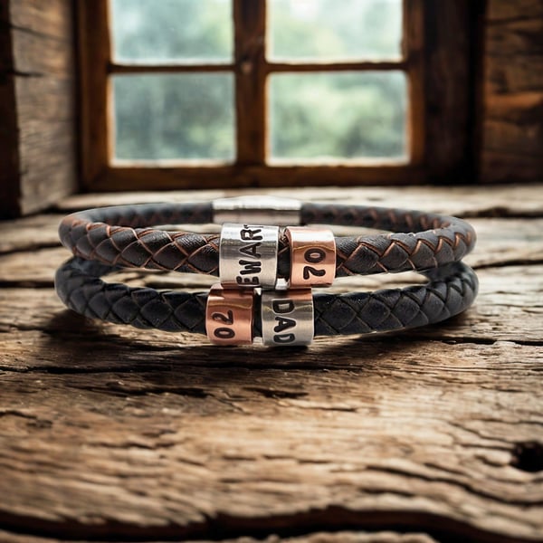 70th Birthday Gift - Personalised Leather Bracelet - Dad Brother Grandad Husband