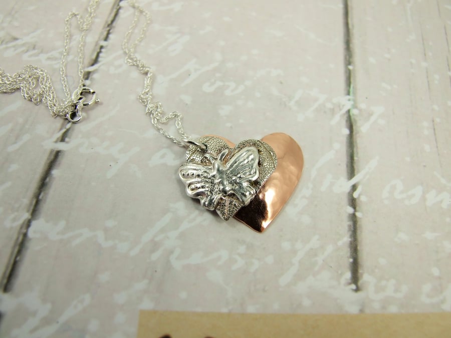 Butterfly Heart Necklace, Fine Silver and Copper Handcrafted Pendant