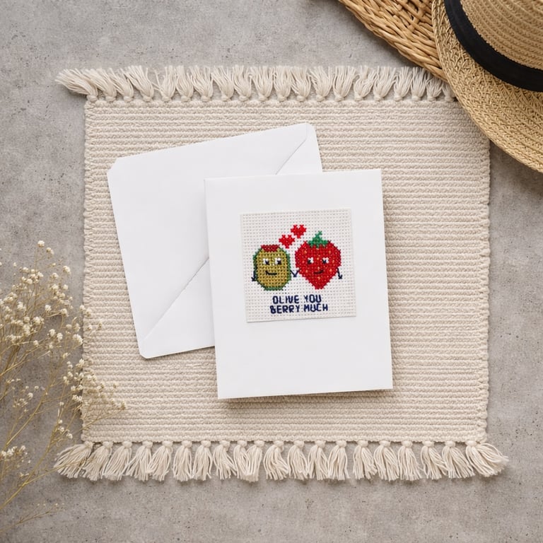  Handmade Love Note, Whimsical Greeting for Couple, Handmade Cross Stitch Card