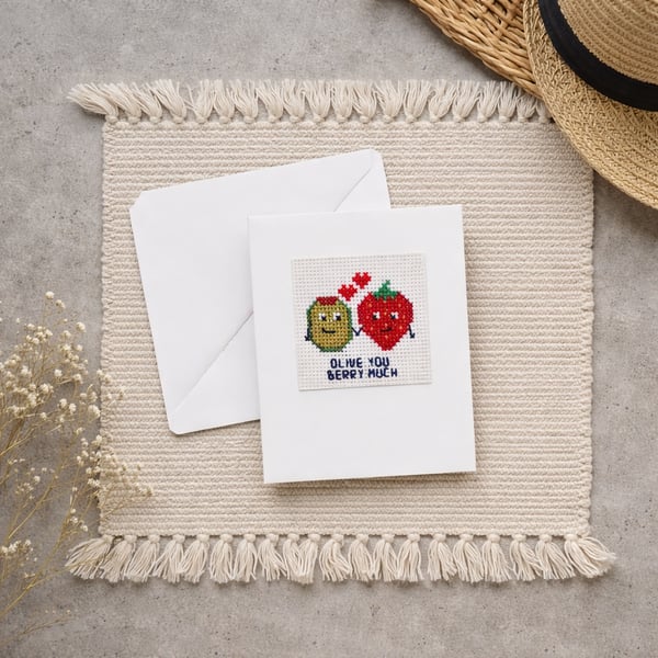  Handmade Love Note, Whimsical Greeting for Couple, Handmade Cross Stitch Card