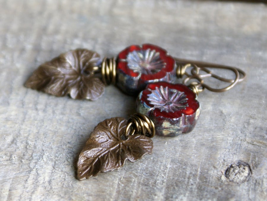 Red Woodland Leaf Earrings