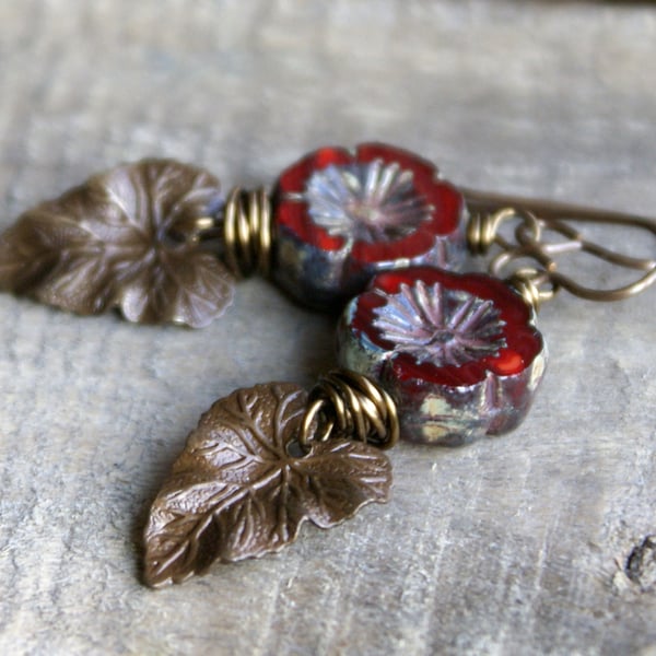 Red Woodland Leaf Earrings