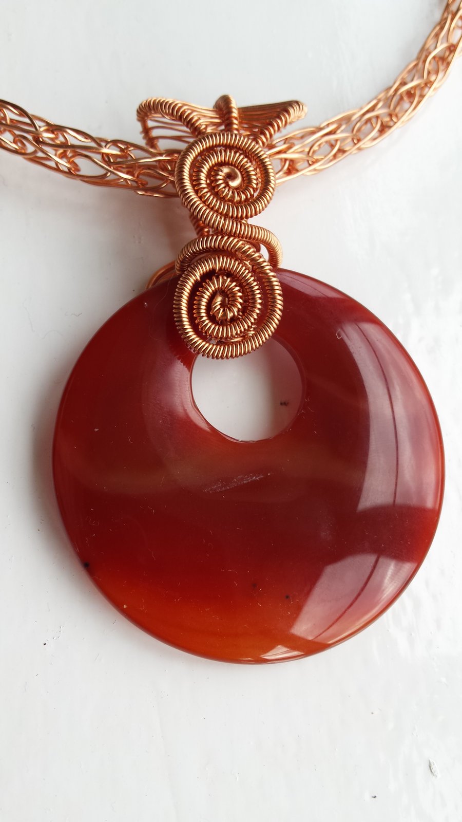 Reversible Orange Agate Asymetrical Donut wrapped in Copper with Chain