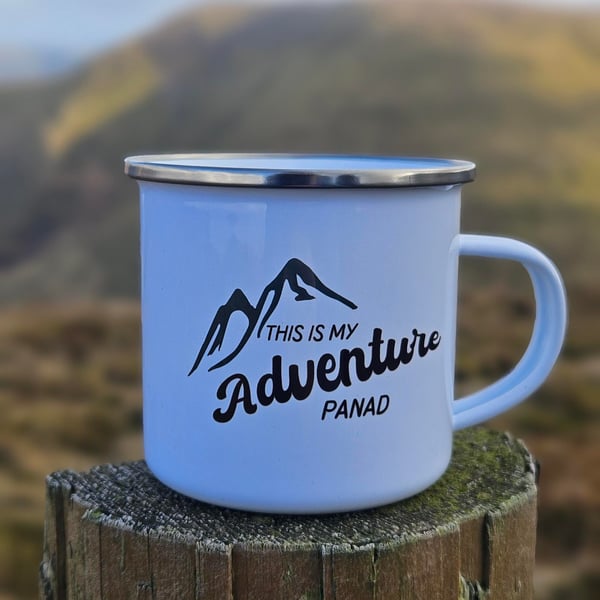 Enamel Hiking mug, Adventure Mug, Welsh Mountain Mug, Mwg Cymraeg, Hiker Gift