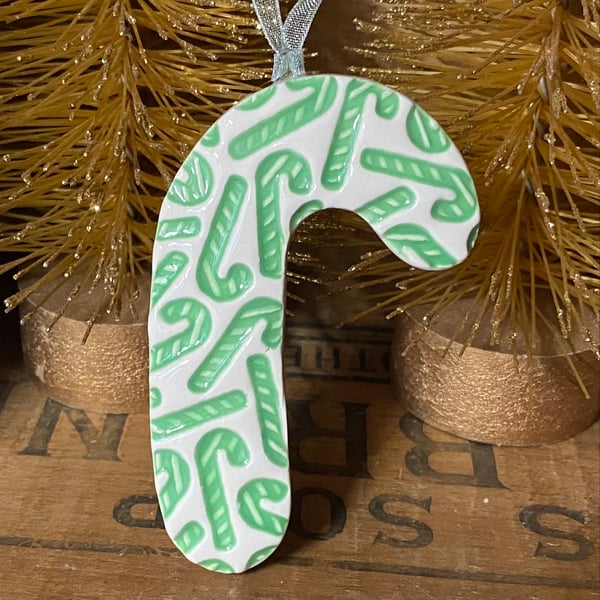 Ceramic candy cane Christmas decoration green