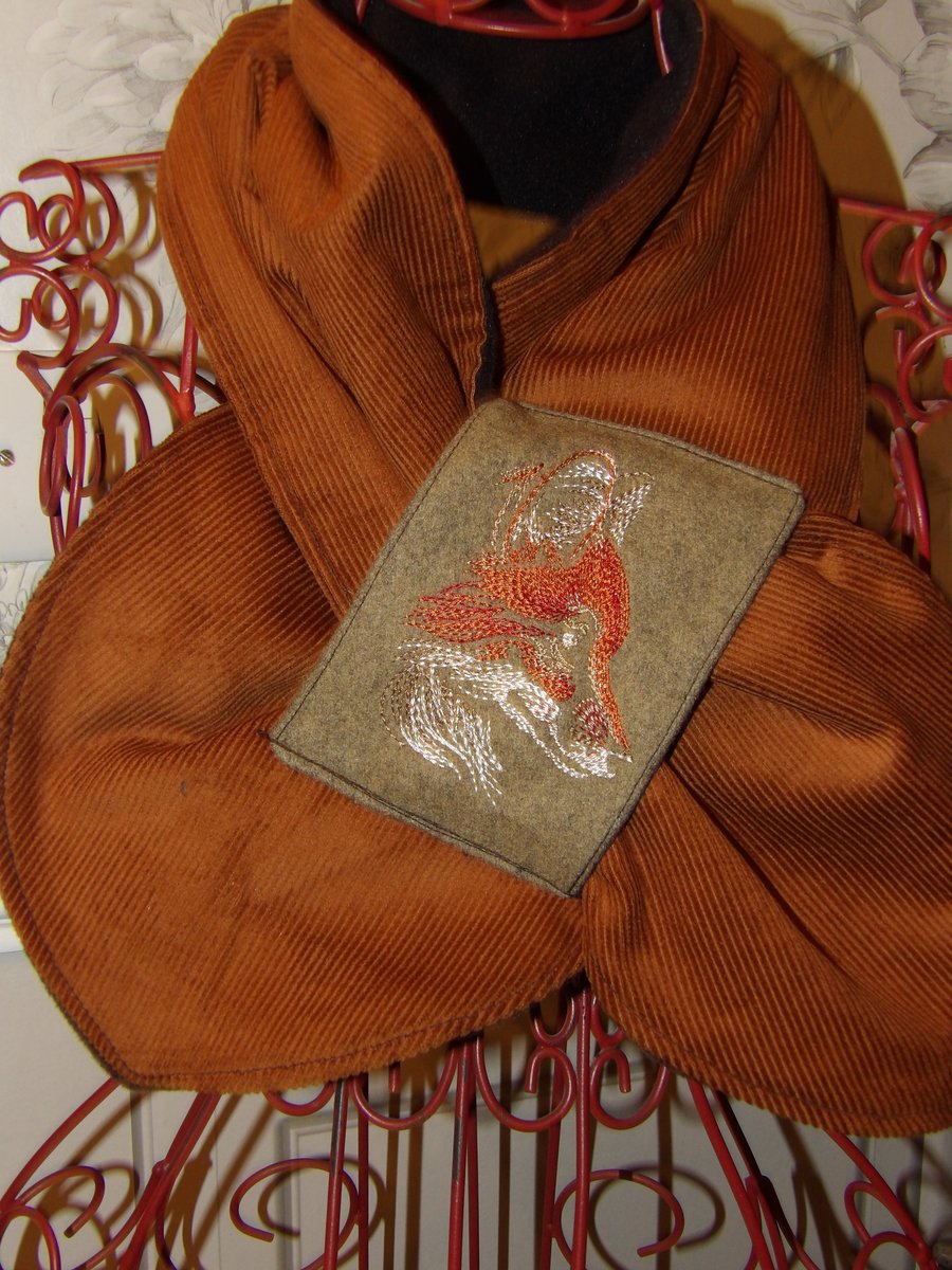 Fox embroidered neckwarmer rust colour fleece lined New 