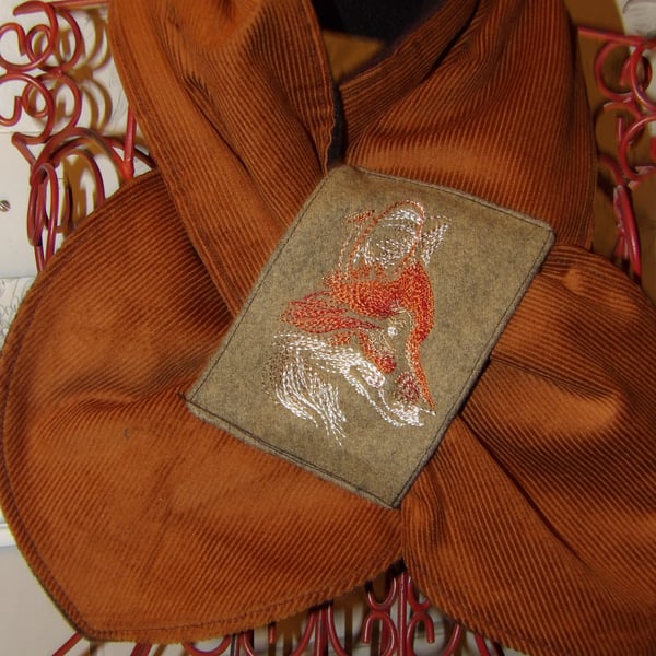 Fox embroidered neckwarmer rust colour fleece lined New 