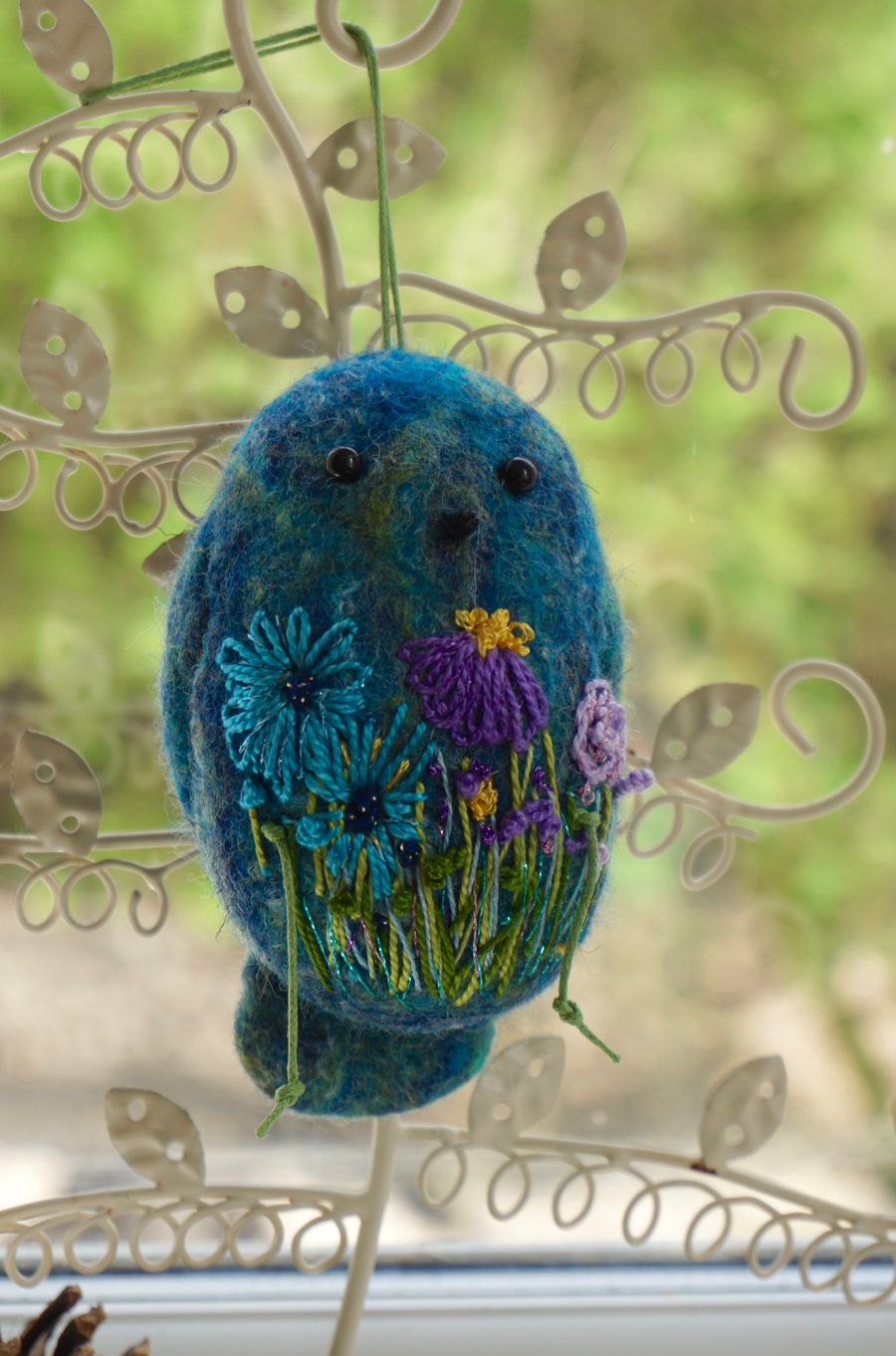 Felted Embroidered Finch hanging ornament 