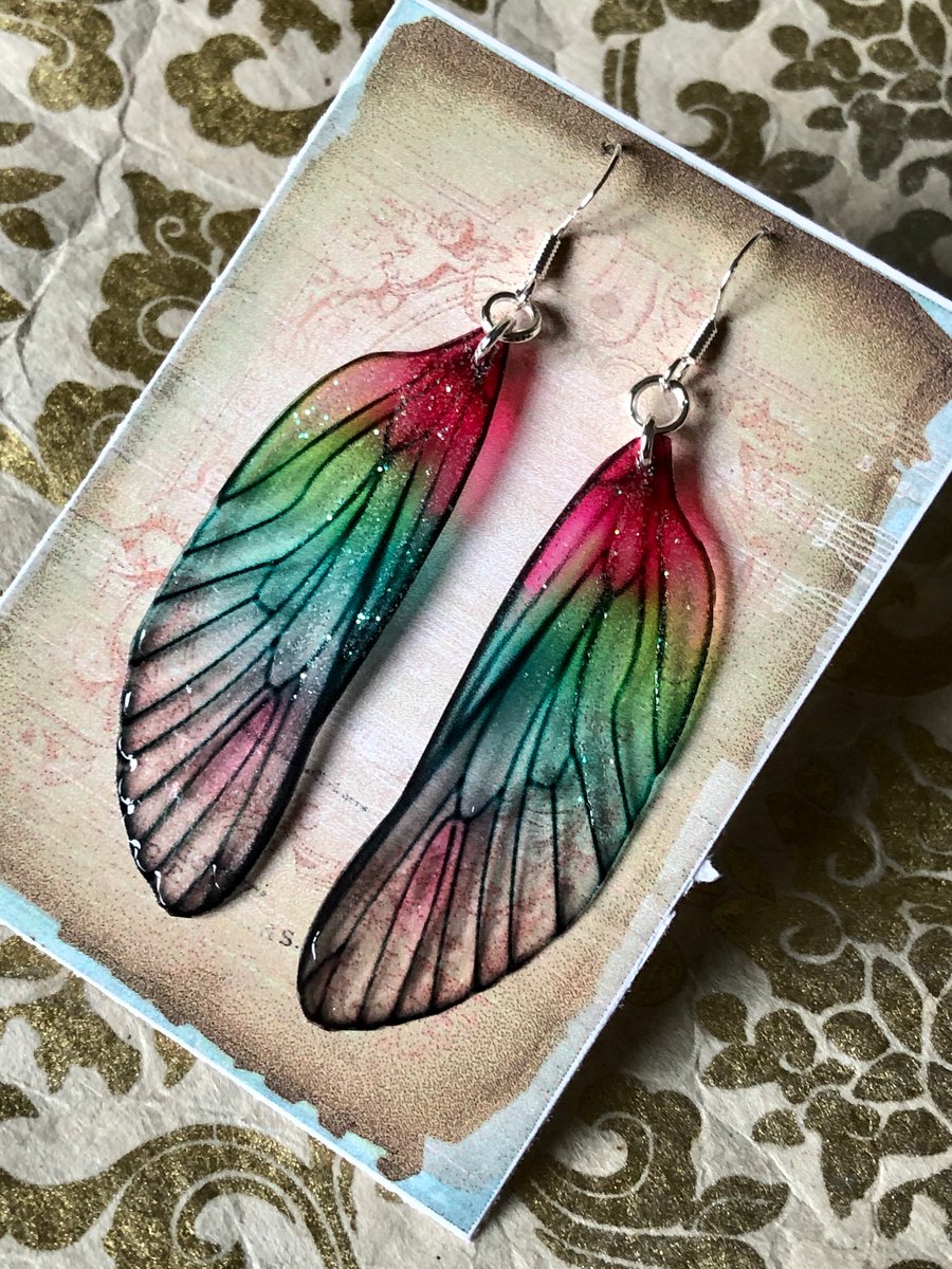 Translucent Large Pink and Green Fairy Wing Sterling Silver Earrings