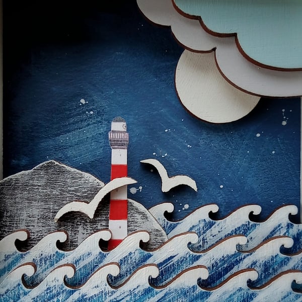 Midnight Lighthouse Diorama, Nautical Shadow Box, Maritime Picture