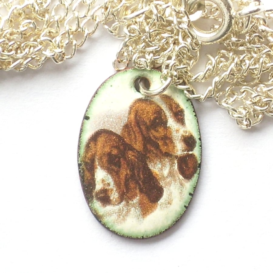 Two bassets - enamel transfer on white pendant