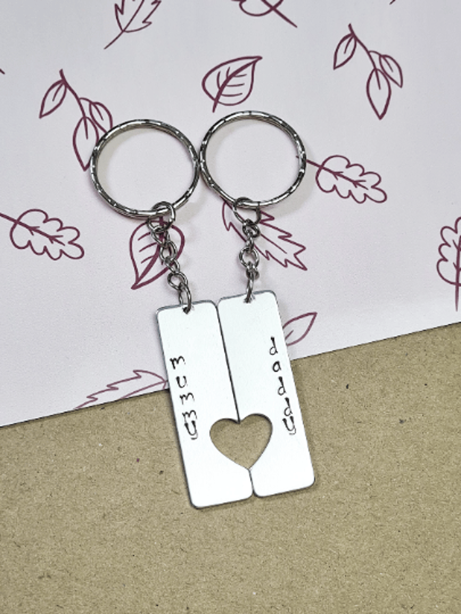 Mummy Daddy To Be, Split Heart Metal Stamped Keyring, Parent Baby Shower Gift