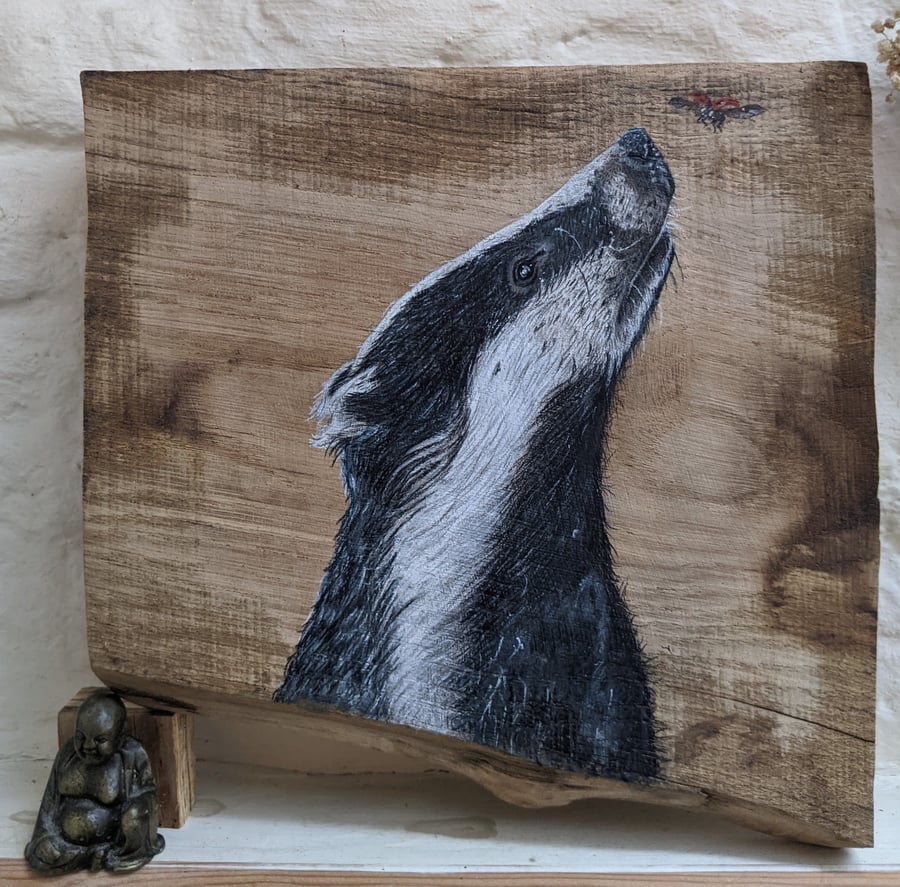 Original Badger painting on reclaimed and repuposed wood (beech)