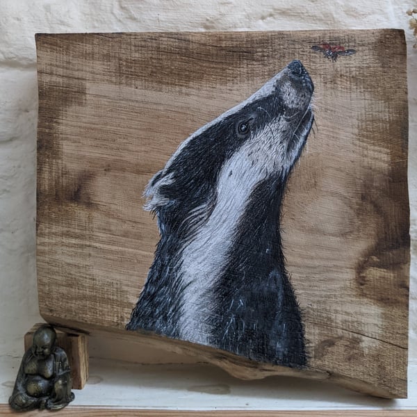 Original Badger painting on reclaimed and repuposed wood (beech)