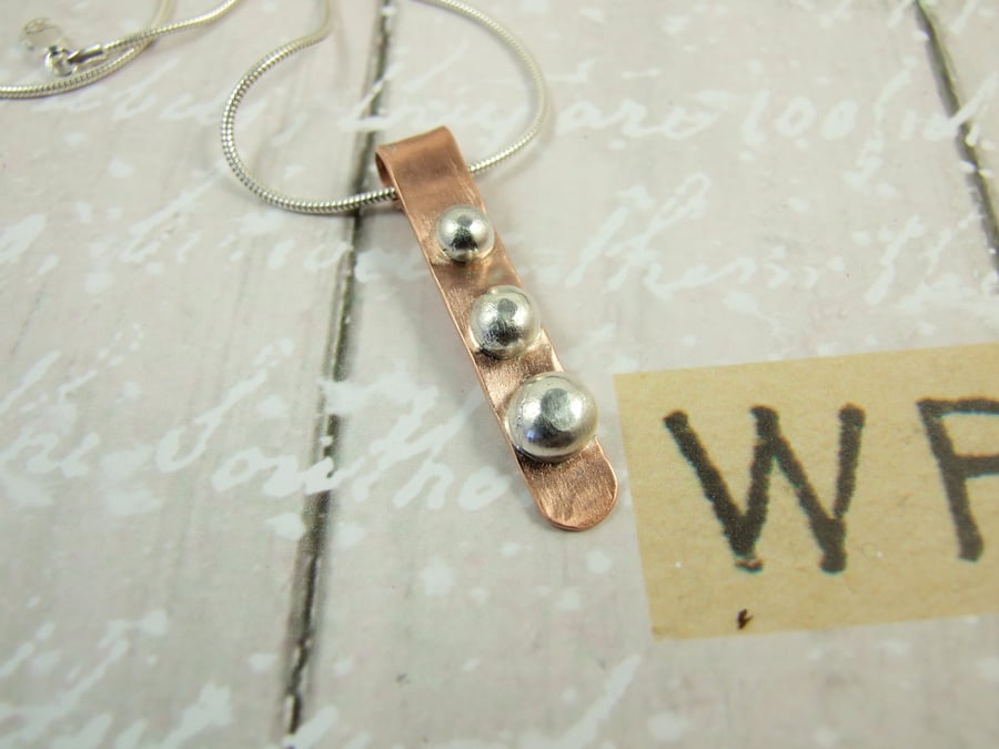 Pebble Bar Pendant, Sterling Silver and Copper Bar Necklace