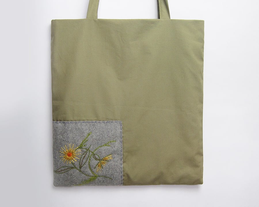 Khaki  tote bag with hand embroidered marigolds