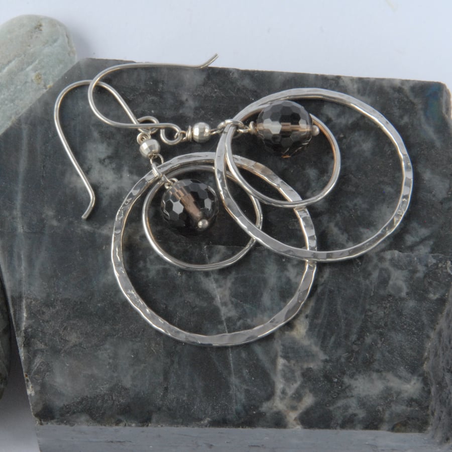 Sterling silver and smoky quartz circular frame earrings