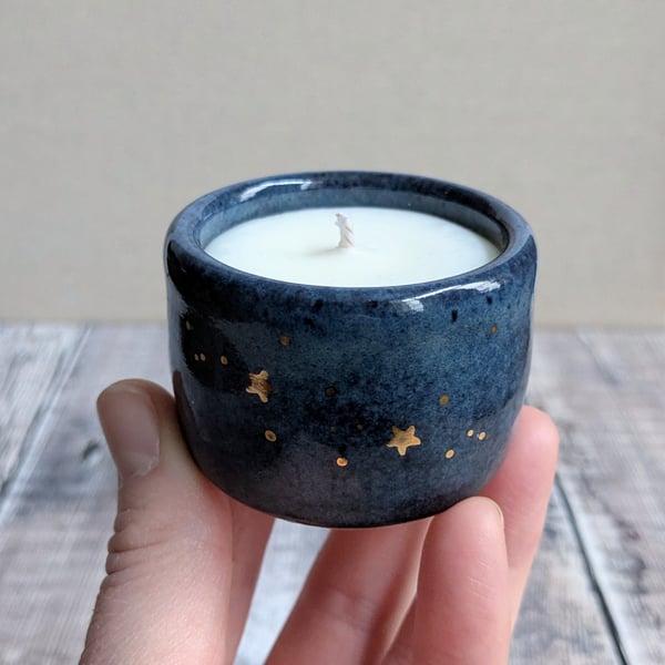 Perfectly imperfect Soy wax very small ceramic tealight, dark blue gold stars
