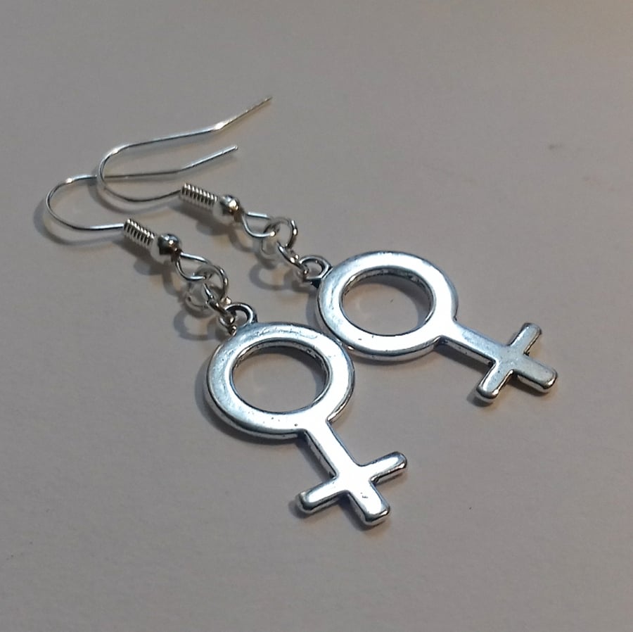 New Age Venus Woman Symbol Feminist Silver Plate Earrings