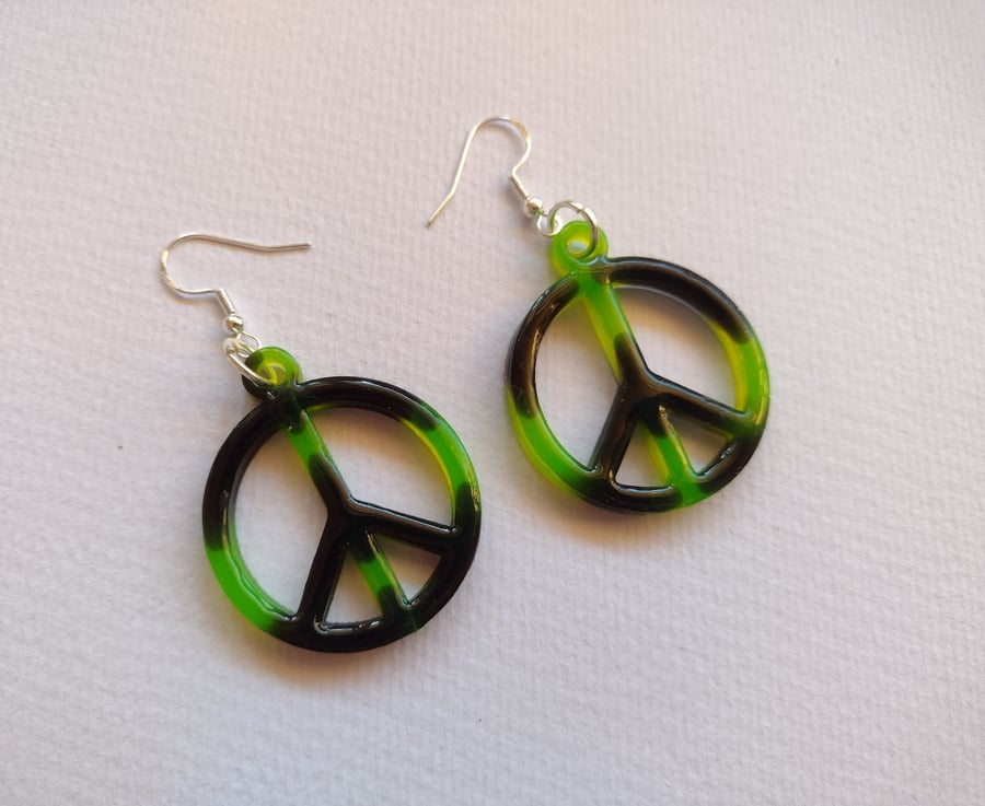 Black & Green 'Peace' Earrings Handmade With Resin. 925 Silver Hooks.
