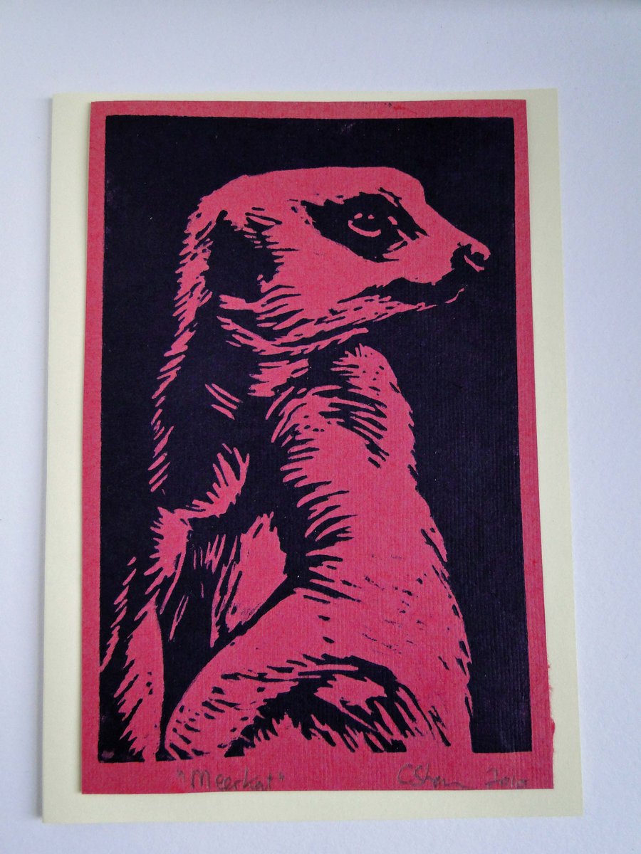 Meerkat Lino Print Blank Greeting Card Red