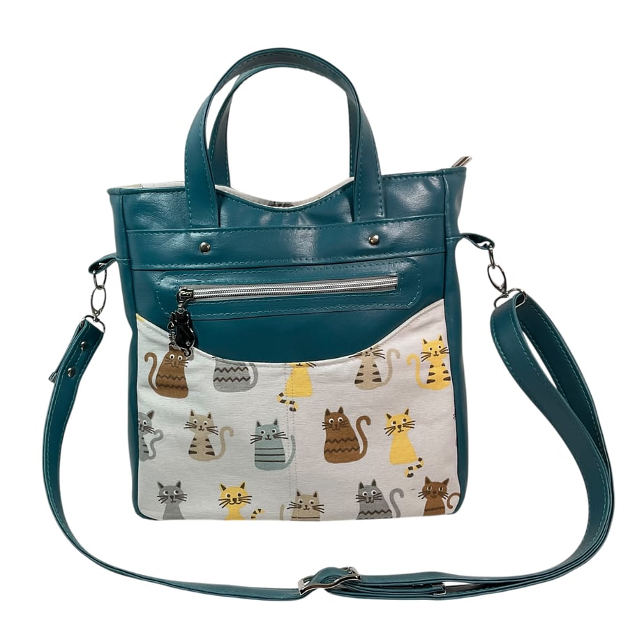 Handbag in faux leather and cute cat print, pet lover vegan ladies gift, 