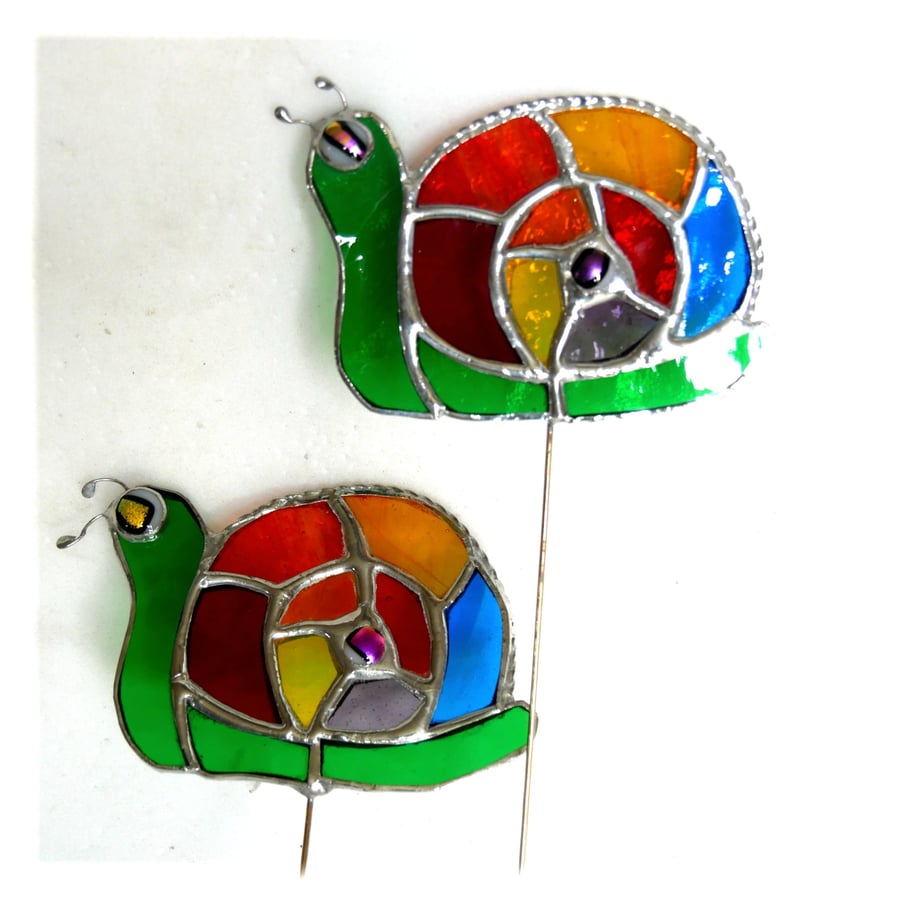 Stained Glass Snail Plant Stake Handmade Rainbow garden gift