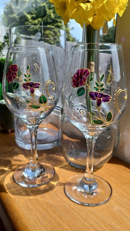 Set of 2 Hand Painted Wine Glasses