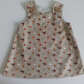 Dress, 12-18 months, Summer dress, A line dress, pinafore, beige, chickens  