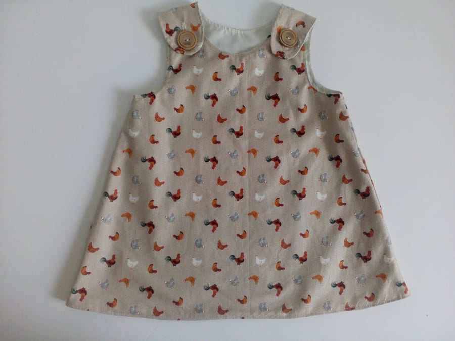 Dress, 12-18 months, Summer dress, A line dress, pinafore, beige, chickens  