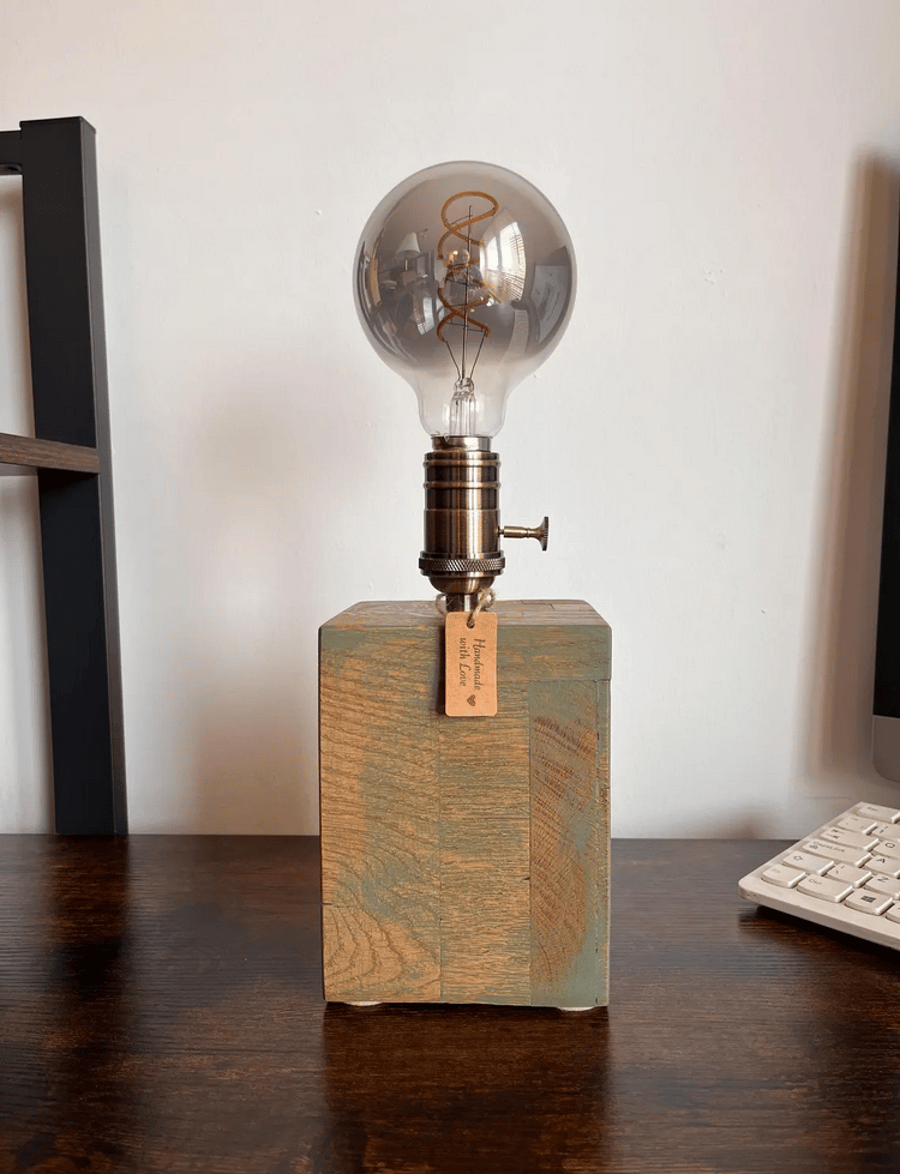 Reclaimed Oak Rustic Bedside Lamp – Handmade Industrial Table Light