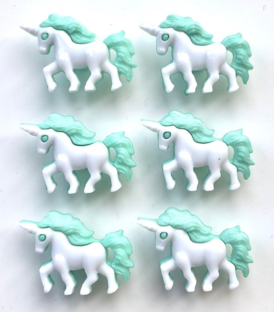 6 Unicorn Buttons, Green Trim, 25mm Long by 18mm High, Buy One Get One Free