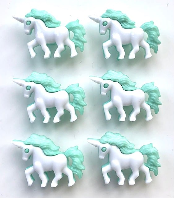 6 Unicorn Buttons, Green Trim, 25mm Long by 18mm High, Buy One Get One Free