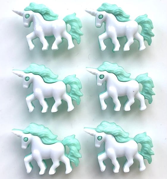 6 Unicorn Buttons, Green Trim, 25mm Long by 18mm High, Buy One Get One Free