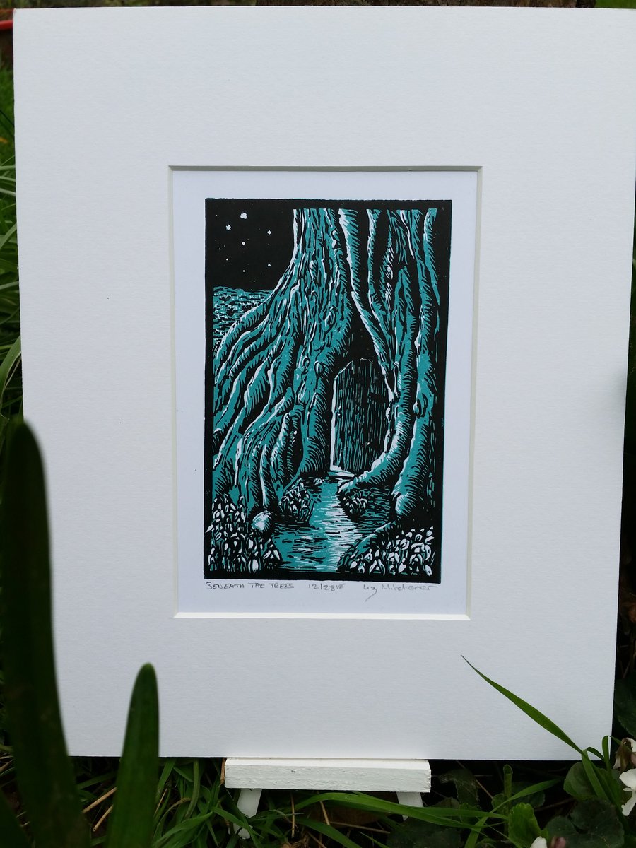 Limited variable edition linocut, "Beneath The Trees" - Turquoise