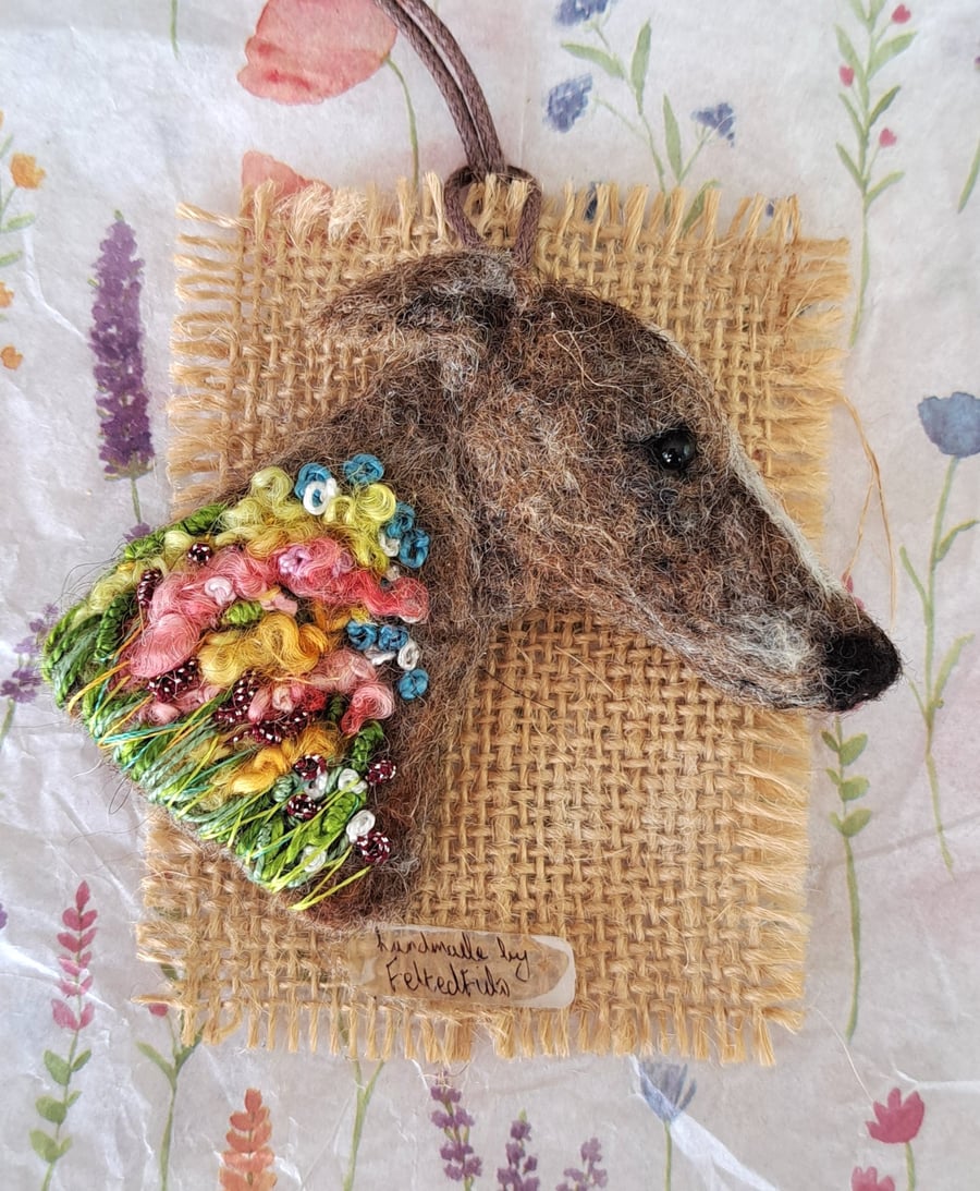 Needle Felted Greyhound Brooch