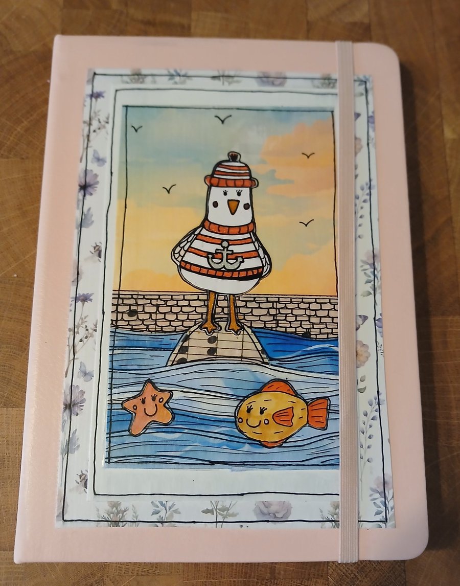 Quirky original art whimsical seagull hand decorated A5 lined hardback notebook