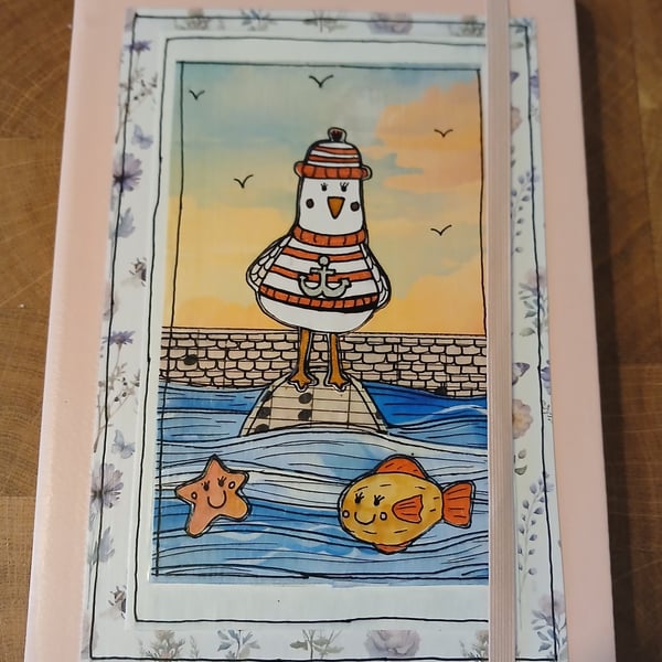 Quirky original art whimsical seagull hand decorated A5 lined hardback notebook