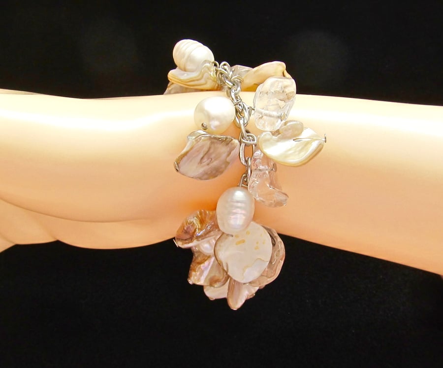 Cream Mother of Pearl & Real White Potato Pearls in a Cluster Bracelet