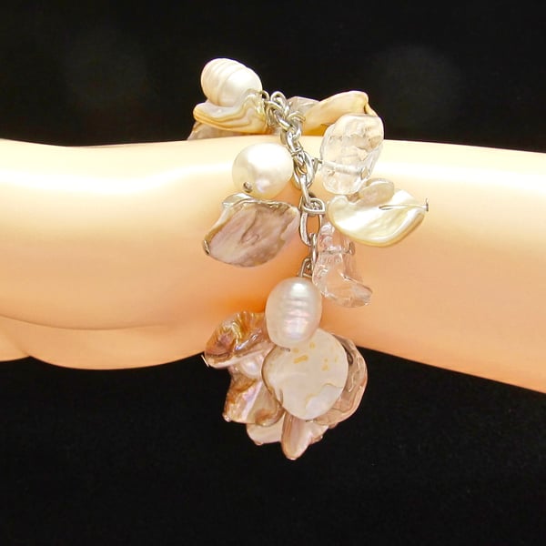 Cream Mother of Pearl & Real White Potato Pearls in a Cluster Bracelet